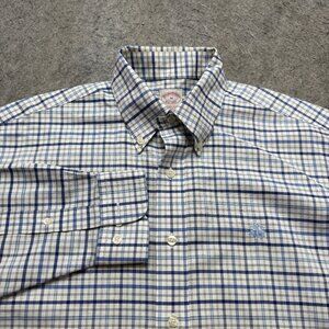 Brooks Brothers Oxford Button-Down Shirt Men M White Blue Plaid OCBD Non Iron
